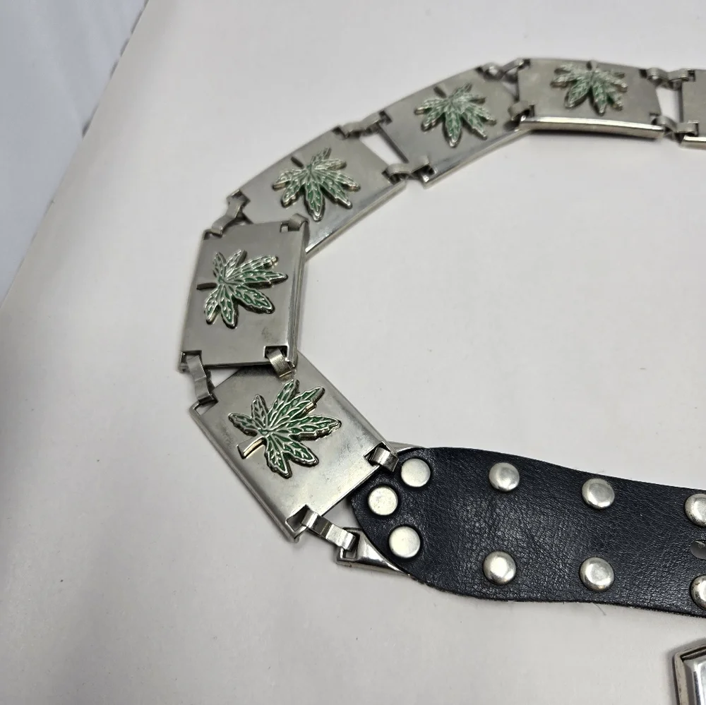 Black Leather Studded XL Mens Belt Linked Silver Tone 3d Green Marijuana Leafs